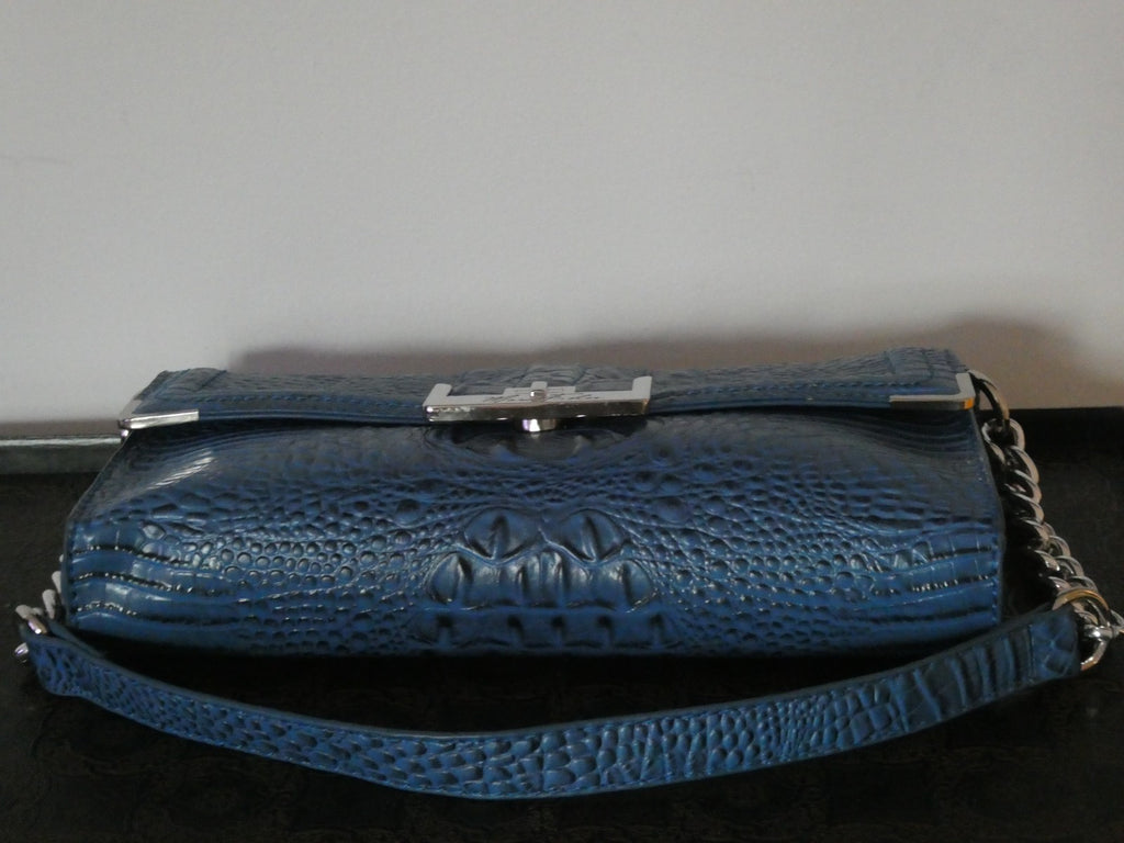 Mark Fisher Women’s Purse Handbag Blue Croc Print Faux Chain Clutch Silver Snap