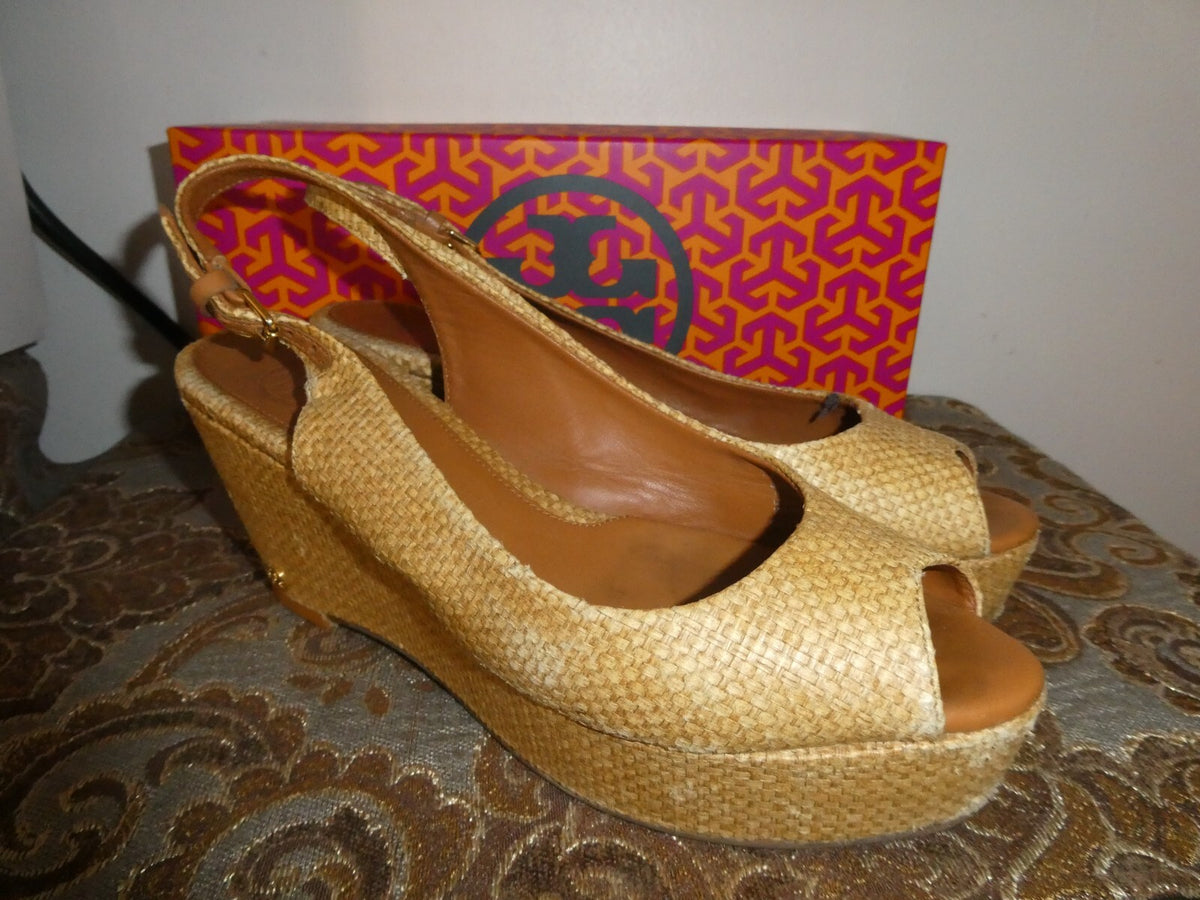 Tory Burch Textile Upper Leather Wedge Sandal Beige Size 7M