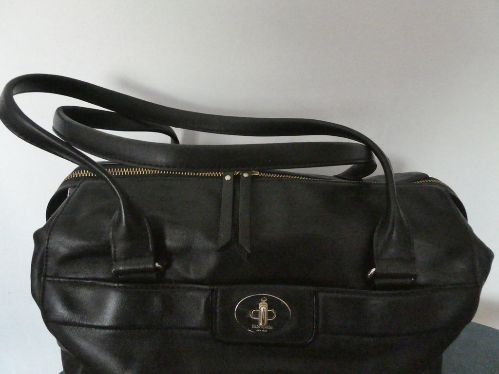 Kate Spade New York Black Leather Satchel Handbag Gold Tone Zip Shoulder Purse