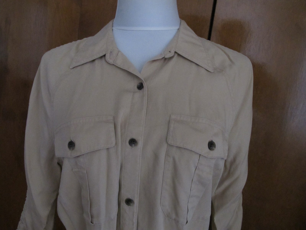 Lauren Ralph women beige ruched sleeve button down shirt dress New