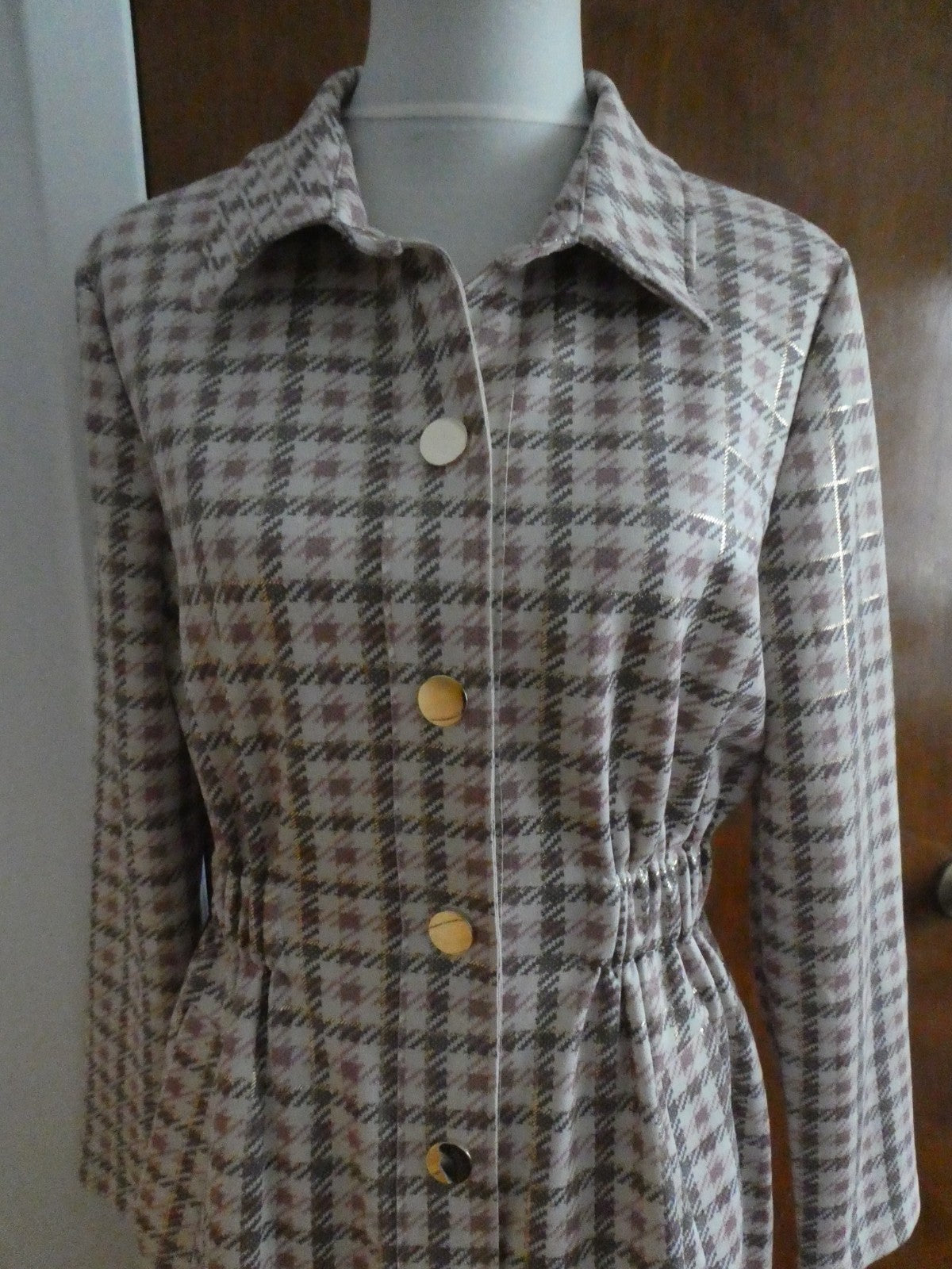 Aliceblue Women’s Plaid Long Jacket Coat Gray Pink Gold Snap Stretch Size Small