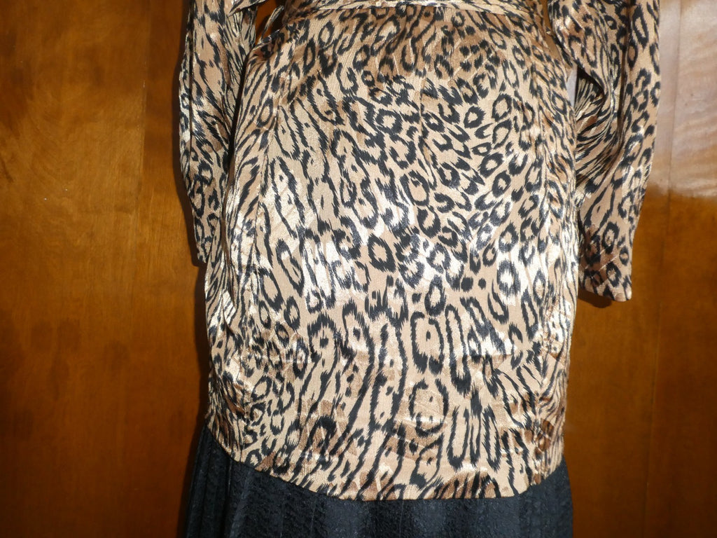Vintage Baruch Women 2 Pc Suit Size 48 Leopard Jacket Black Pleated Lined Skirt
