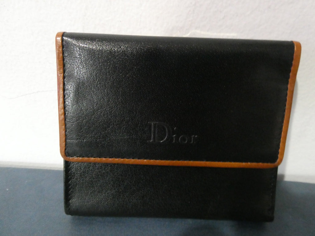 Vintage Christian Dior Leather Wallet Black Bifold Gold Frame Coin Purse