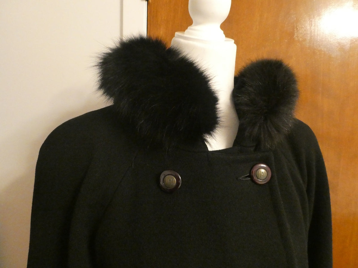 J.G HOOK Women Black 100% Wool A-Line Hood Fox Fur Trim Winter Coat 6 (fit 8-10)
