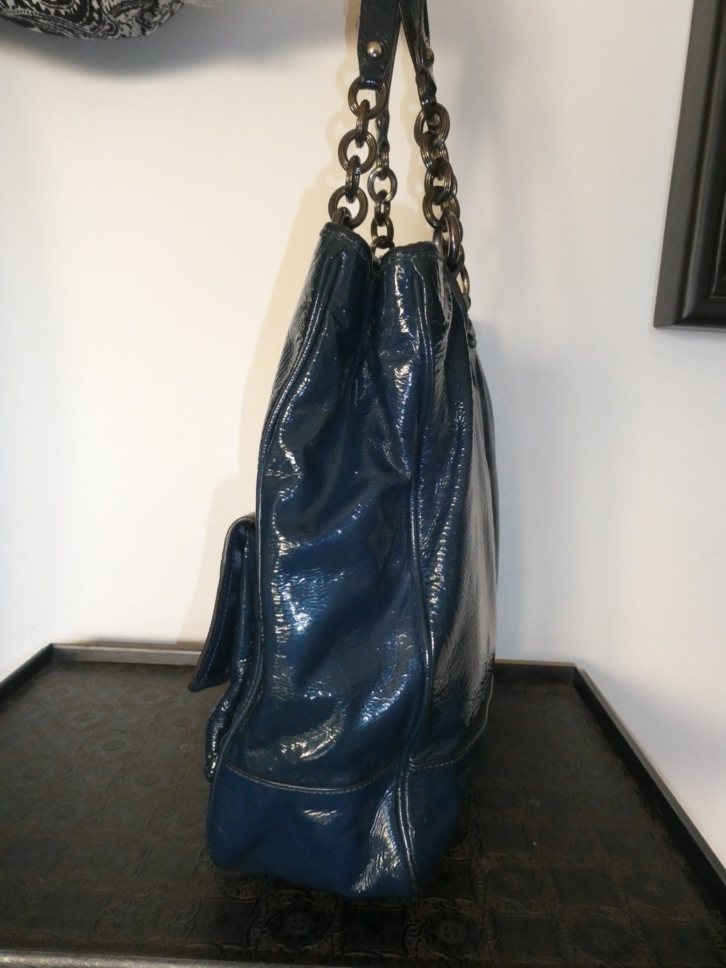 Authentic COACH Vintage Dark Navy Patent Leather Large Shoulder Bag Chain Strap