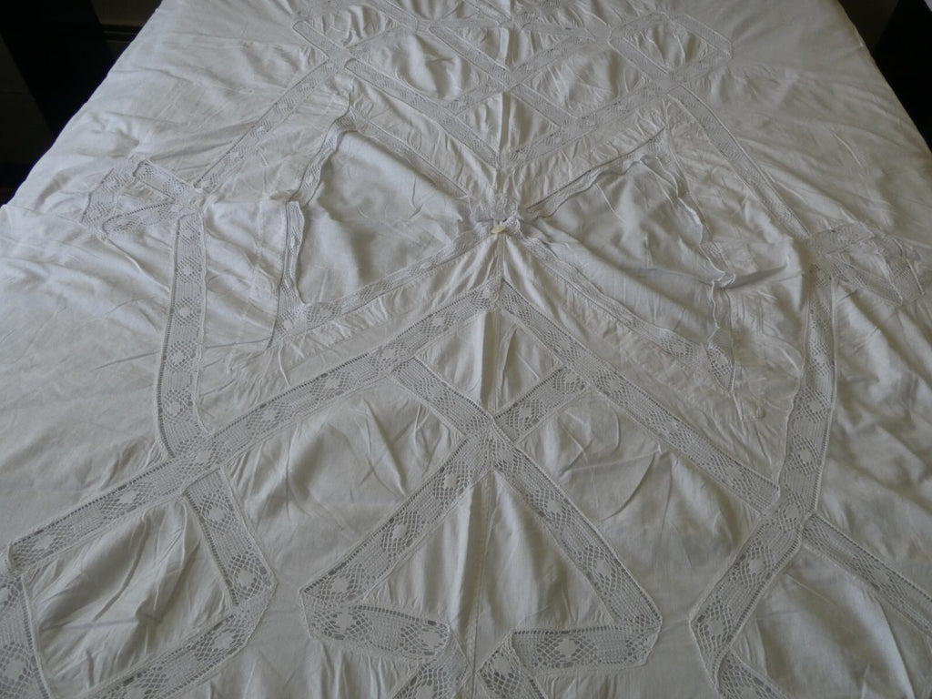 Vintage Crocheted Cotton Duvet Cover White 1970s 77”x 68" Custom Made