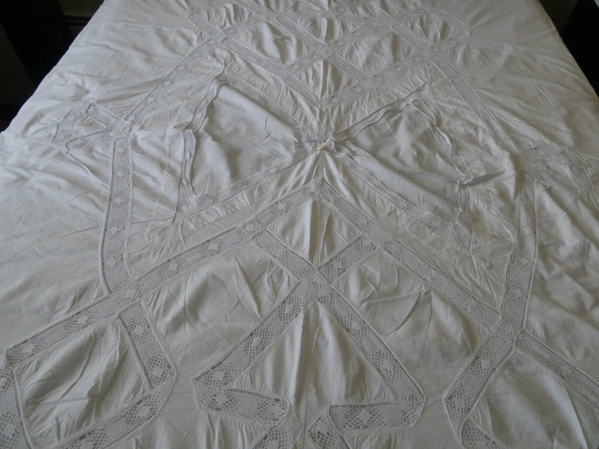 Vintage Crocheted Cotton Duvet Cover White 1970s 77”x 68" Custom Made