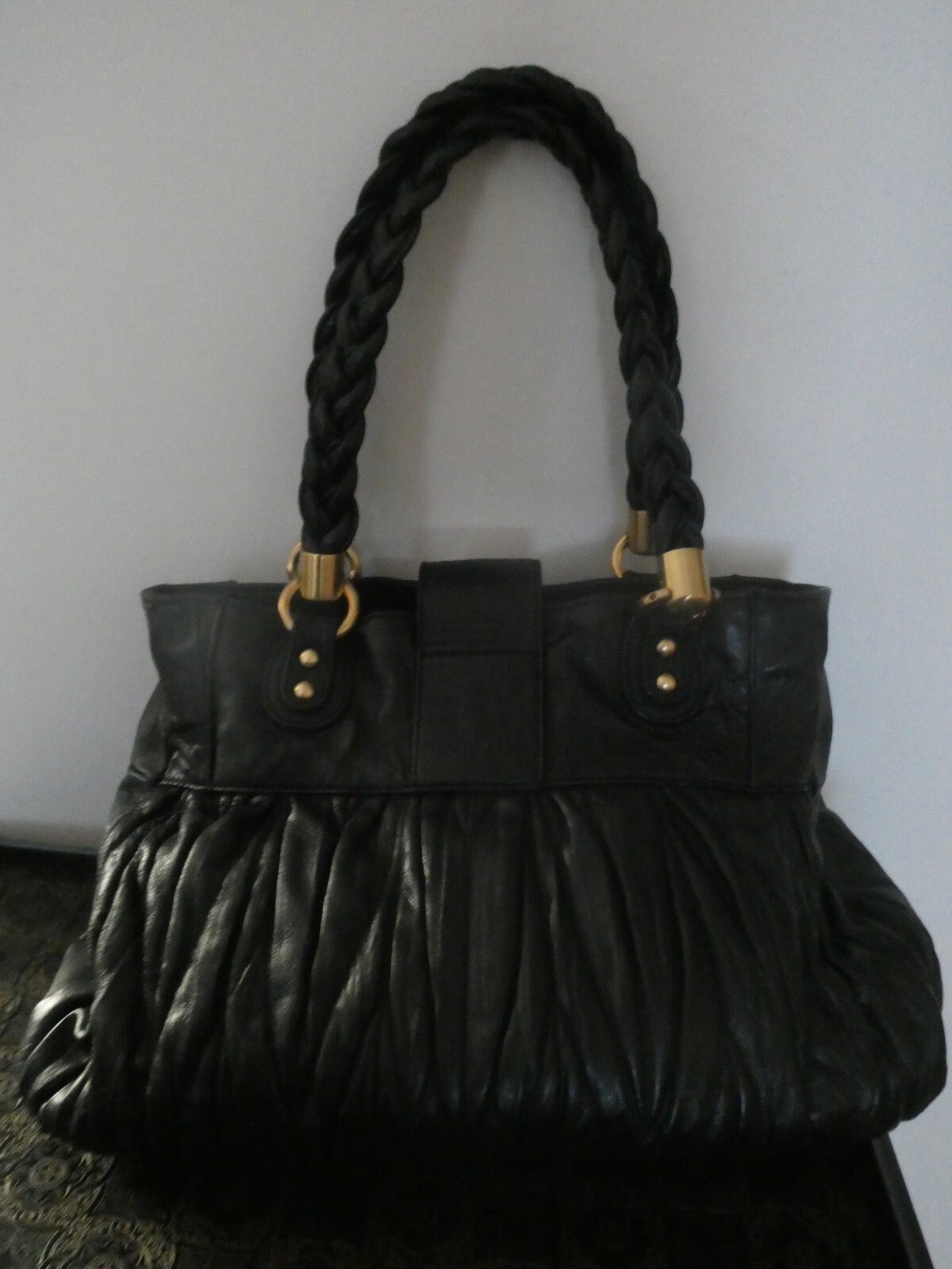 Steven by Steve Madden Women’s Black Genuine Leather Shoulder Bag Gold Turn Lock