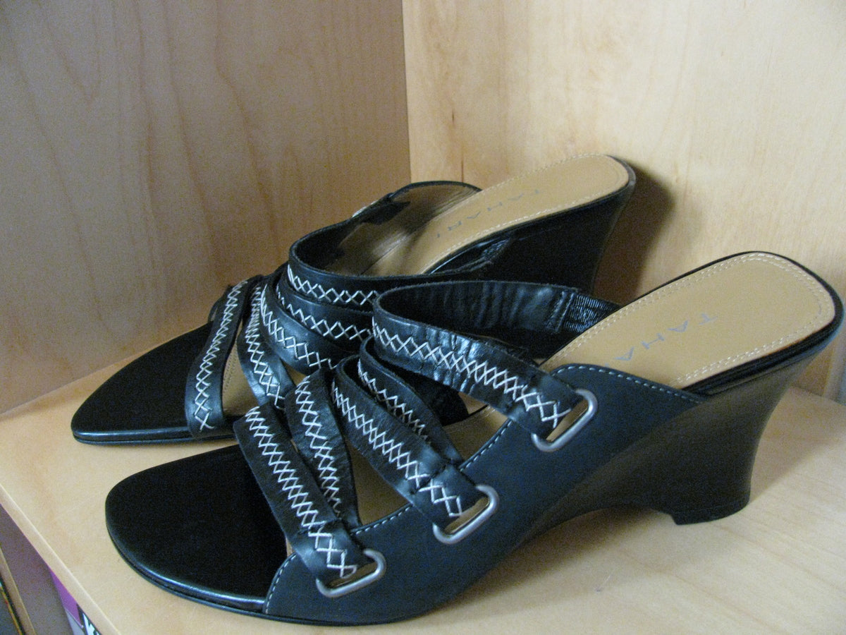 Tahari Lars Women's Leather Strappy  Back Wedge Sandals 7.5M 