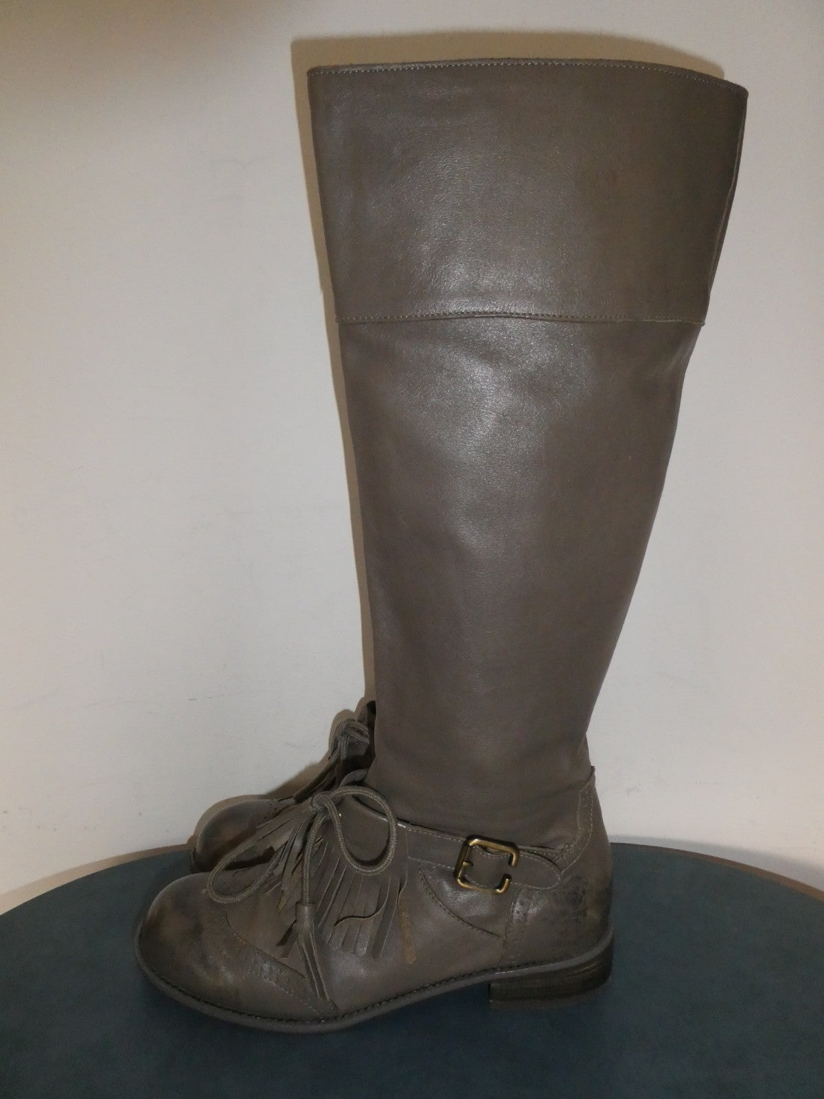 Lucky Penny Tall Fringe Boots Women’s 7.5B Gray Taupe Leather Knee High Boho