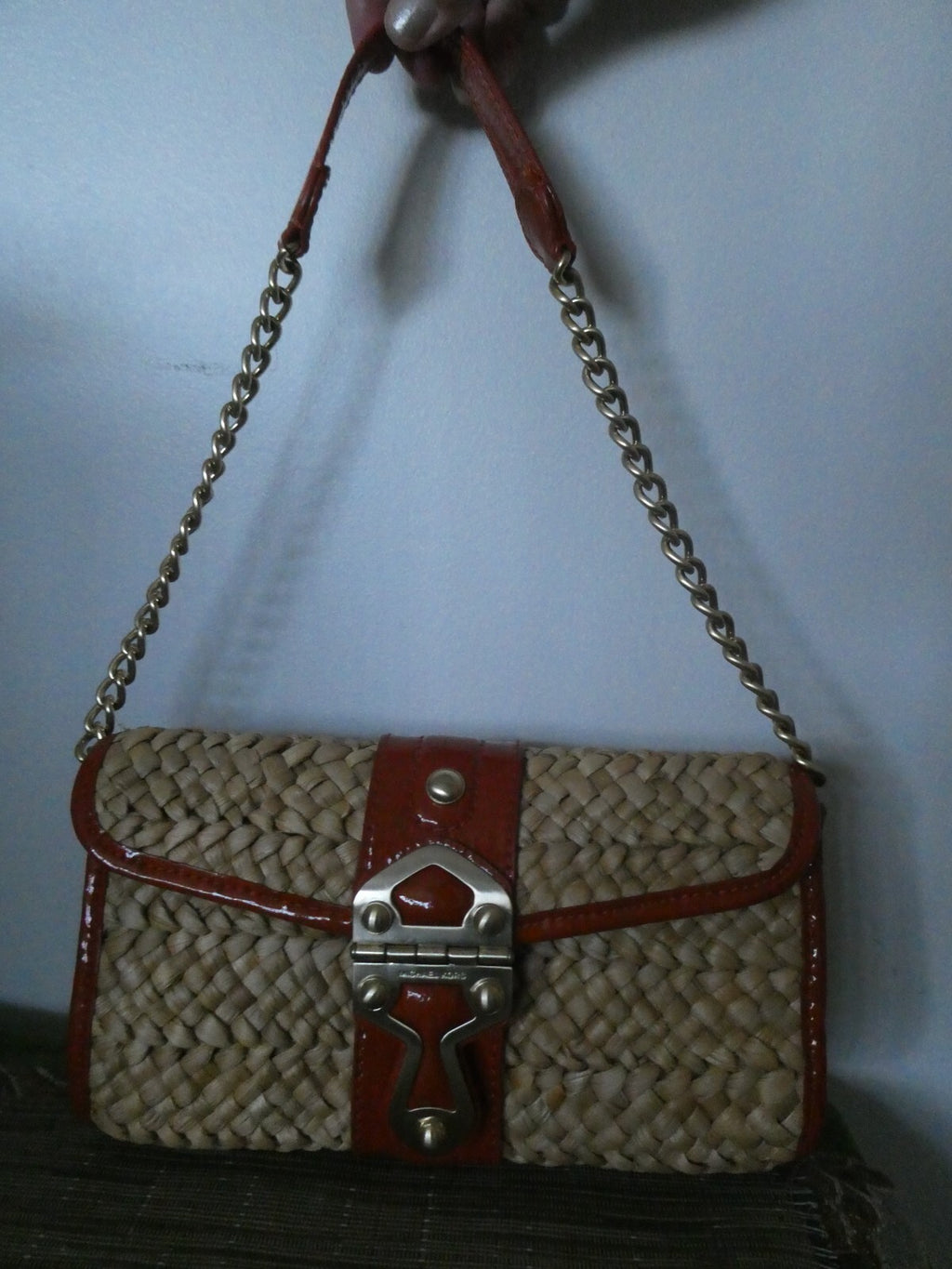 Michael Kors Woven Straw And Leather Chain Clutch Purse Walnut