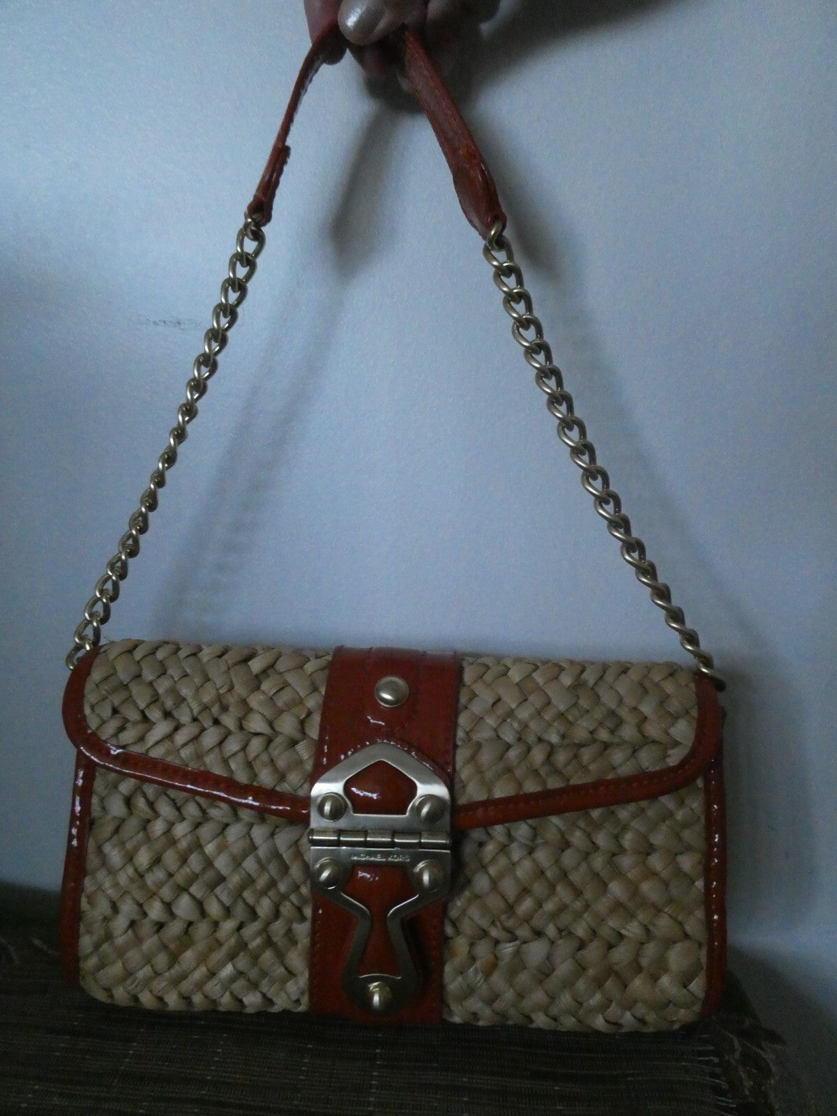 Michael Kors Woven Straw And Leather Chain Clutch Purse Walnut