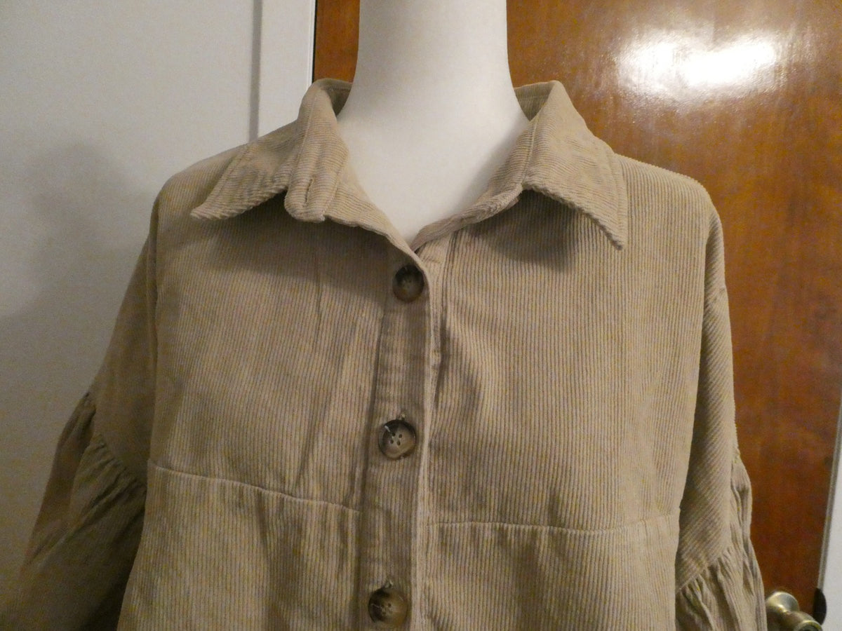 Chic Soul Tan Corduroy Shacket Jacket Plus Size 1X Balloon Sleeve Cotton Comfort