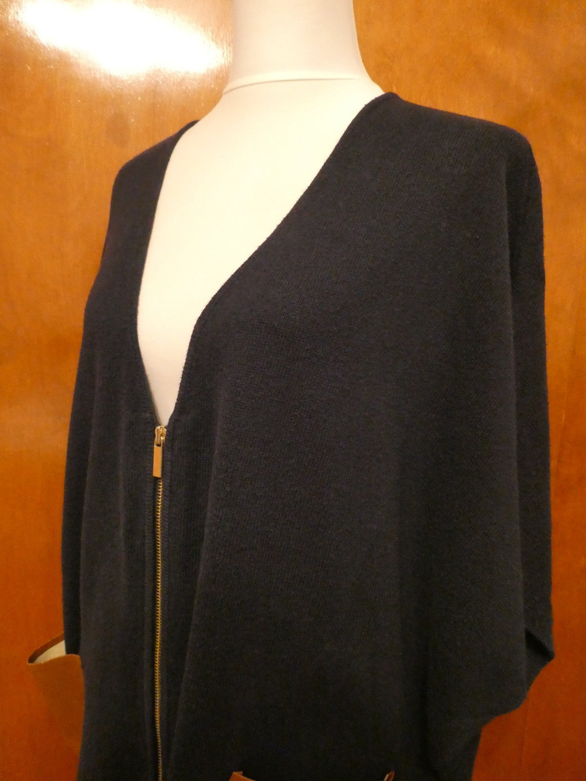 Ann Taylor LOFT Sweater Cardigan M/L Black Zip Front Faux Leather Pocket Dolman