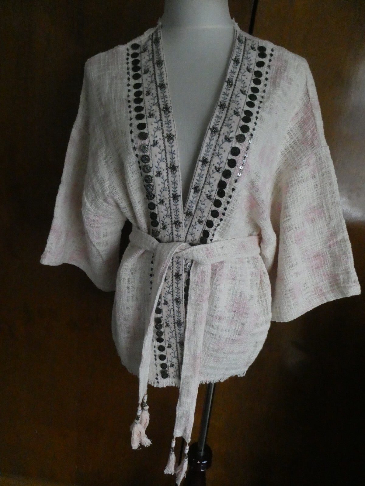 Anthropologie Beautiful Stories Livia Textured Kimono Beaded Wrap Jacket Fit ALL