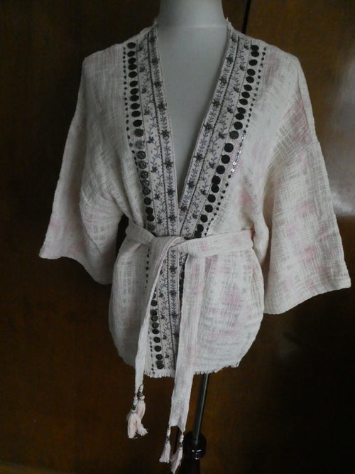 Anthropologie Beautiful Stories Livia Textured Kimono Beaded Wrap Jacket Fit ALL