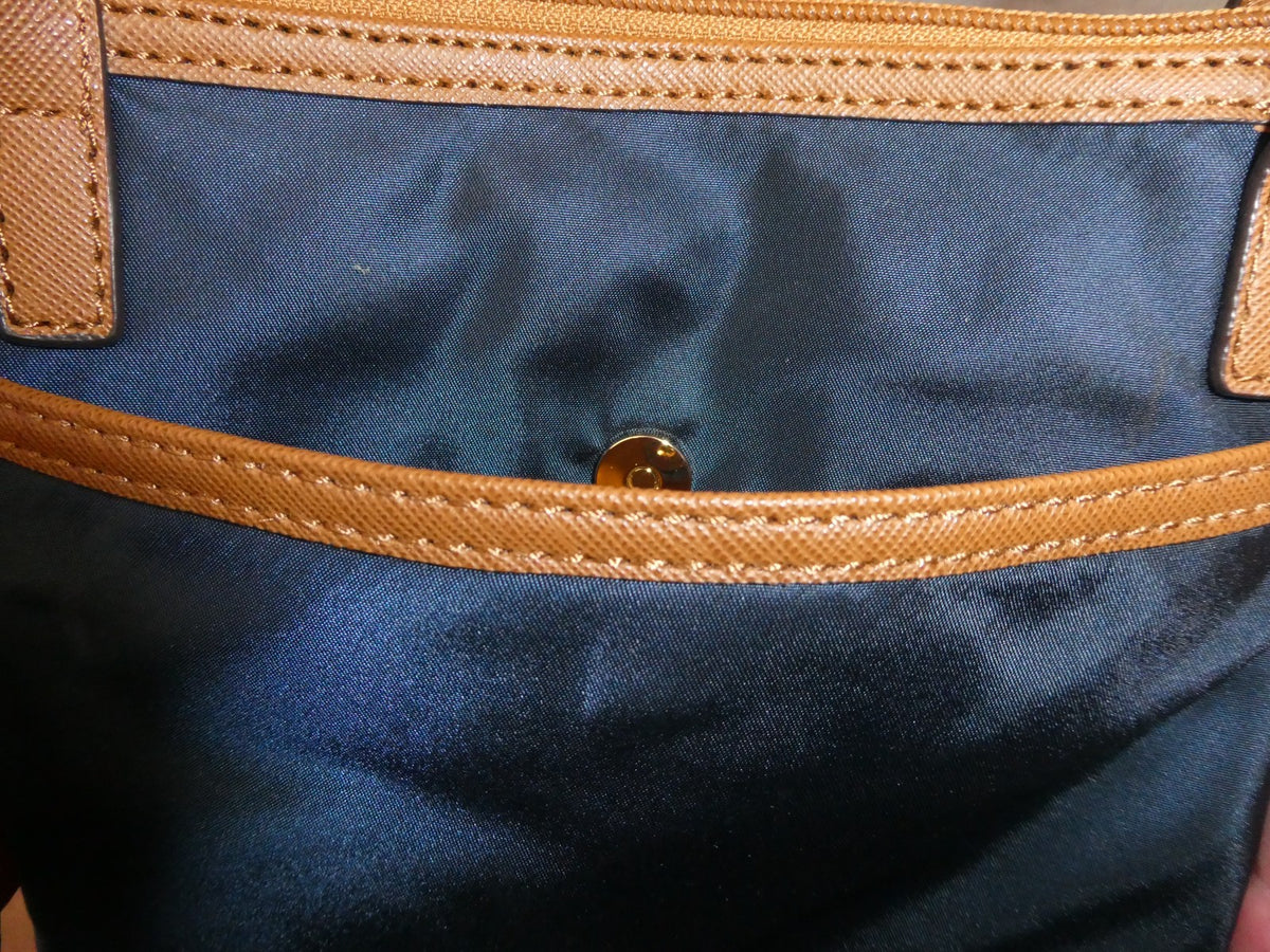 Michael Kors Navy Nylon Crossbody Bag Brown Trim 5 Pocket Gold Tone EUC