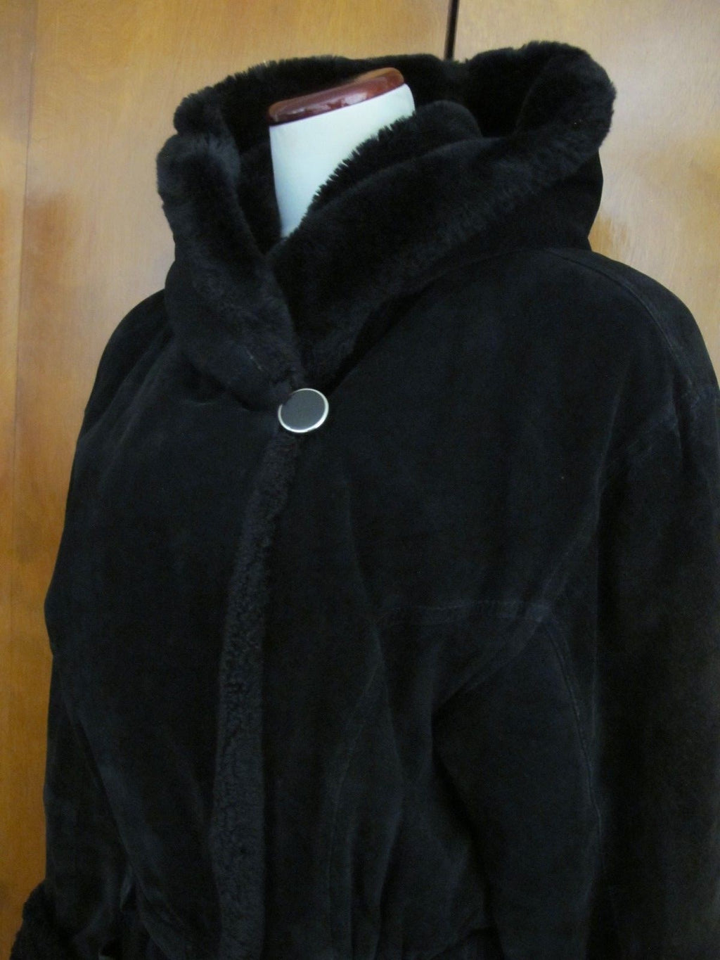 Women's Otello Pelle Black Hooded Cuir Leather Winter Coat Medium
