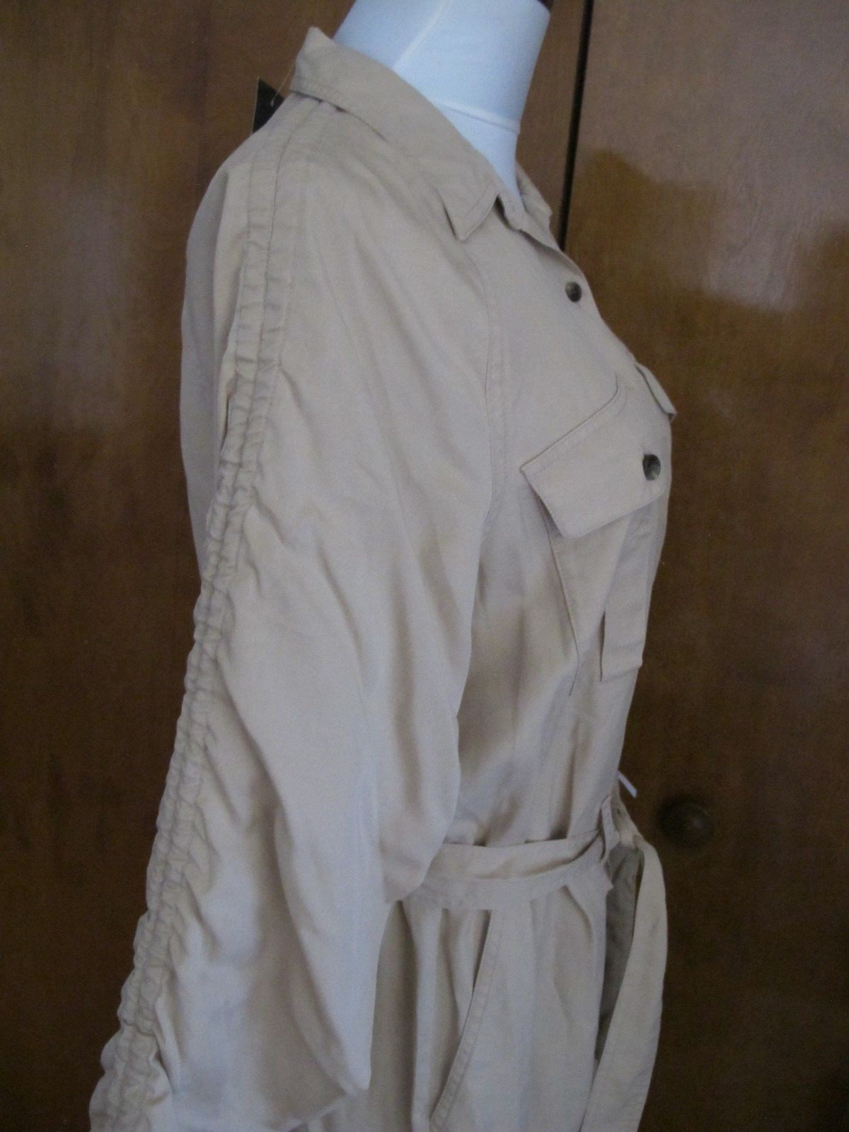 Lauren Ralph women beige ruched sleeve button down shirt dress New