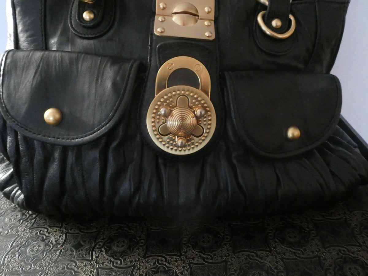 Steven by Steve Madden Women’s Black Genuine Leather Shoulder Bag Gold Turn Lock