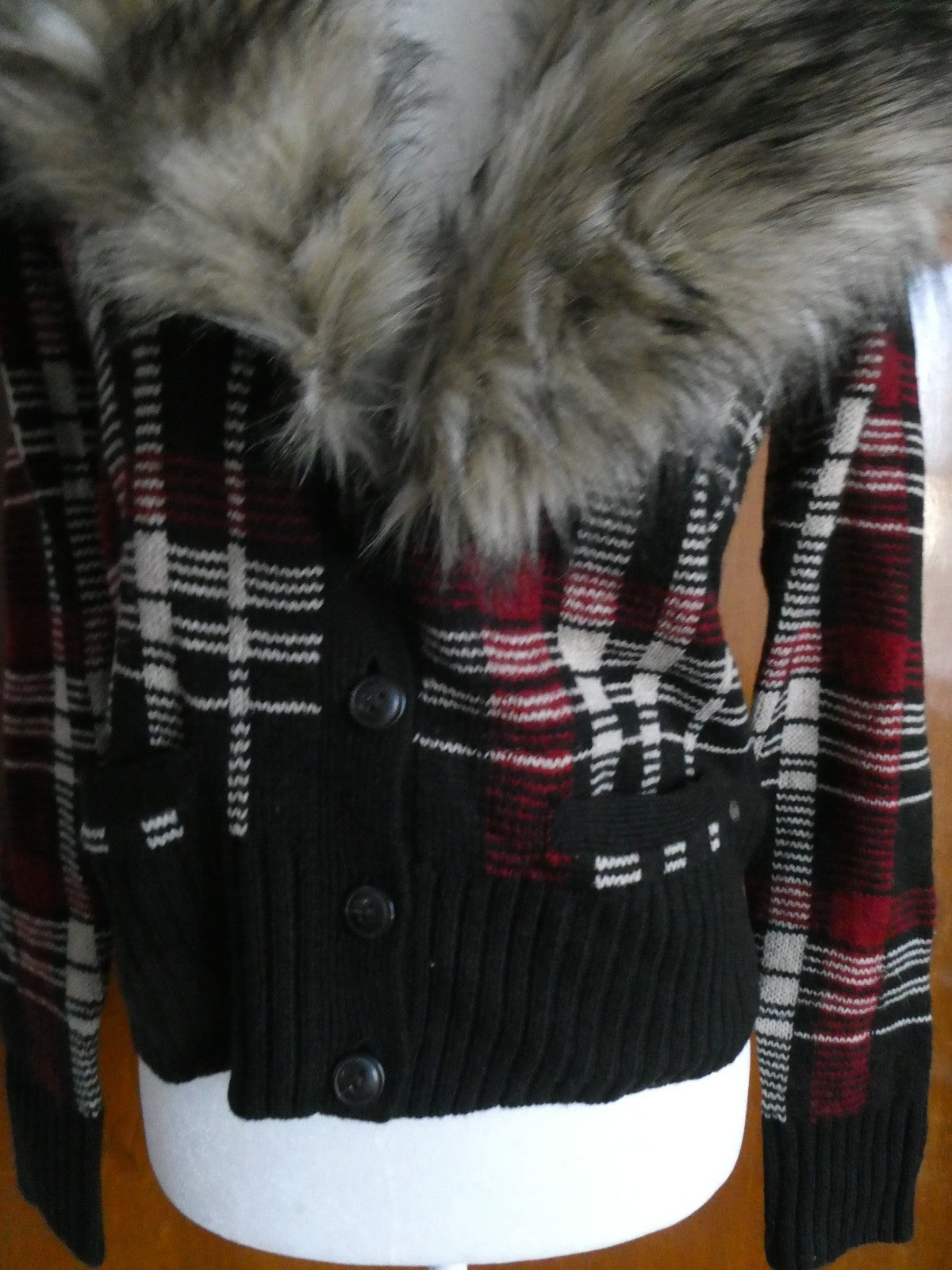 Denim & Supply Ralph Lauren Women Plaid Cardigan Faux Fur Trim Removable Collar