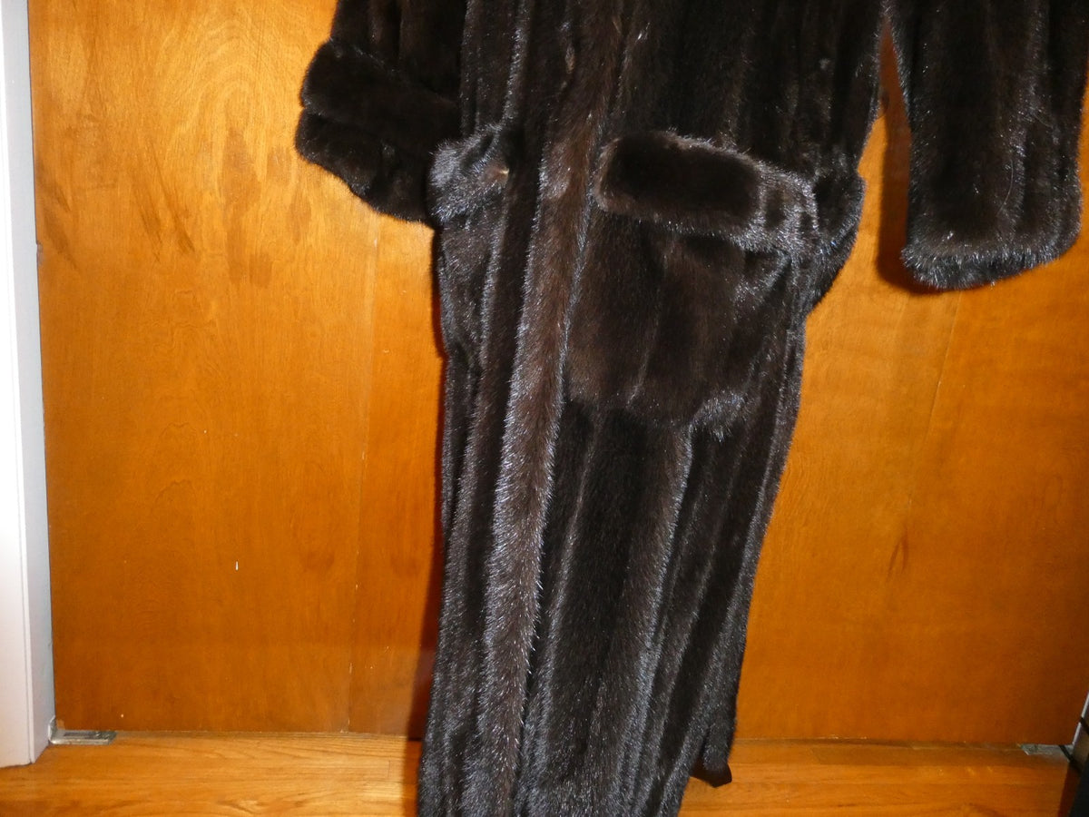 Genuine Mink Fur Coat Full Length Vintage Dark Brown Black Fur Collar Size 12