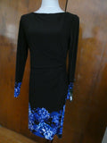 Ralph Lauren women black/blue floral lined stylish gathered long sleeve dress  
