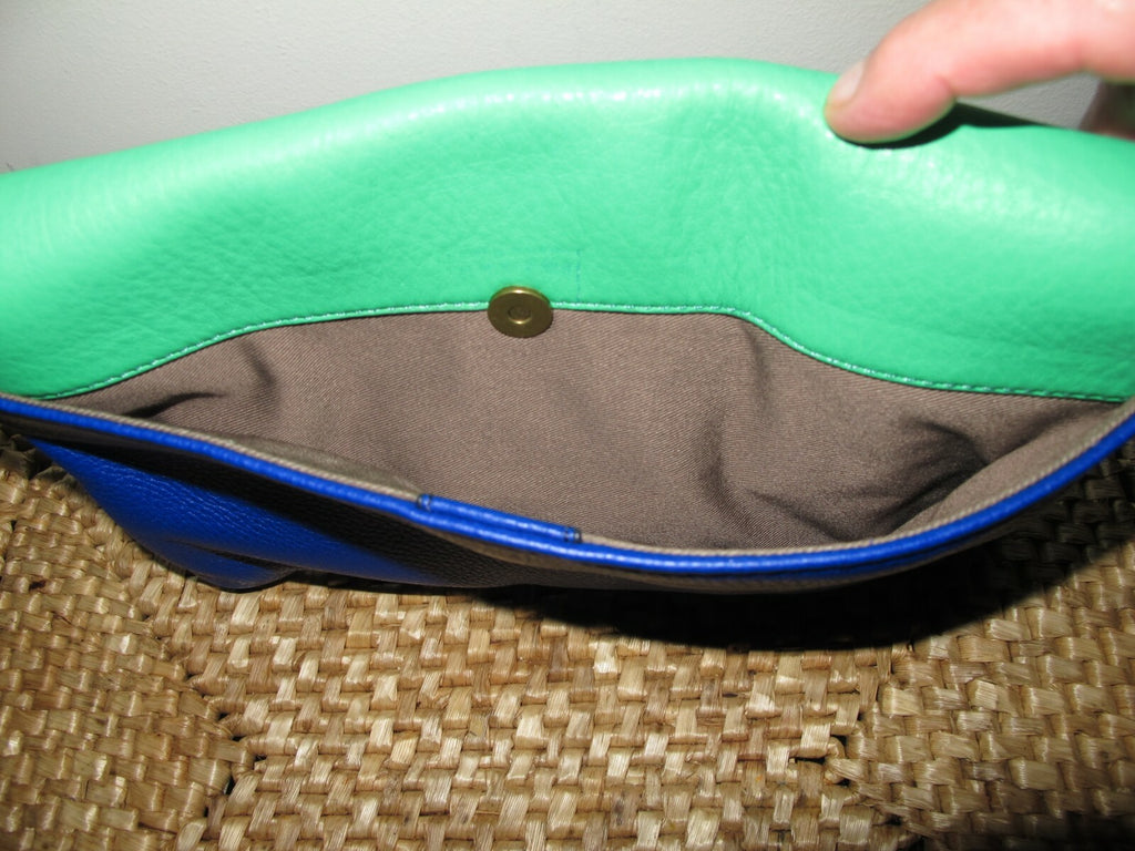 J CREW Women's Blue Green Pebbled Leather Shoulder Tote Bag Clutch Purse