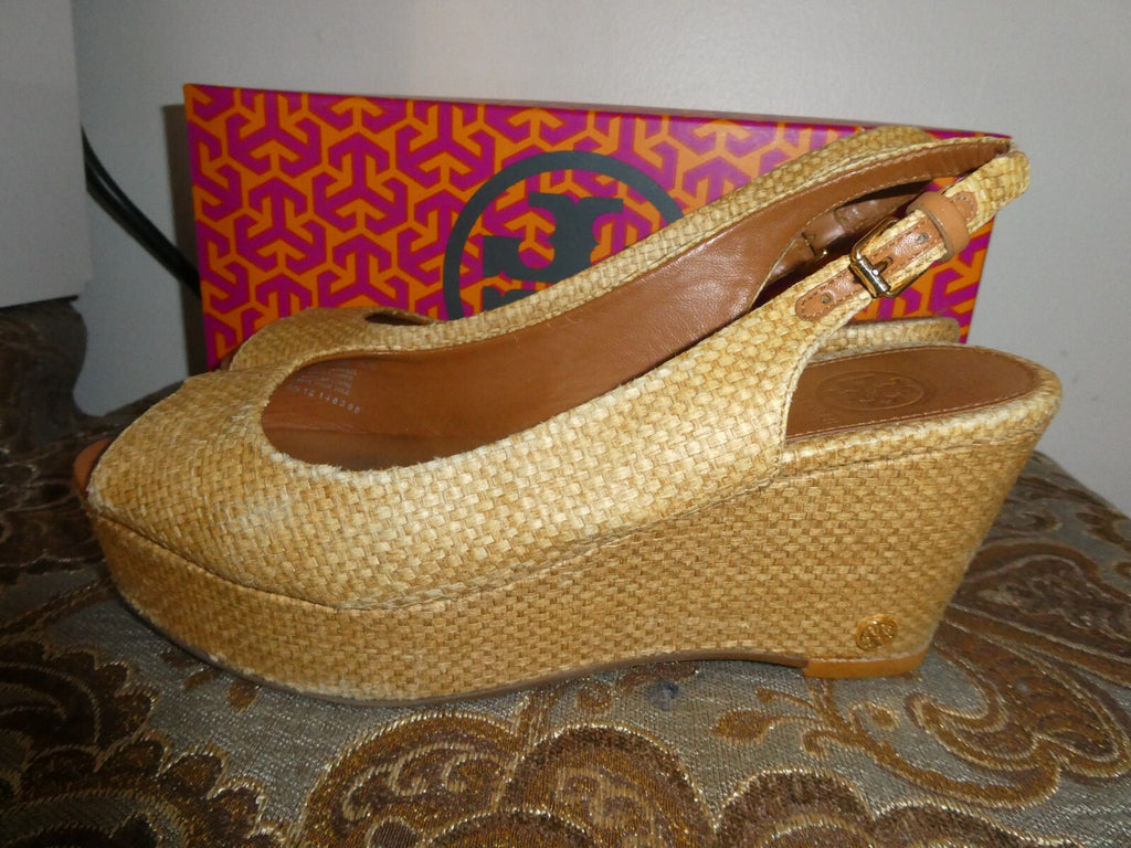 Tory Burch Textile Upper Leather Wedge Sandal Beige Size 7M