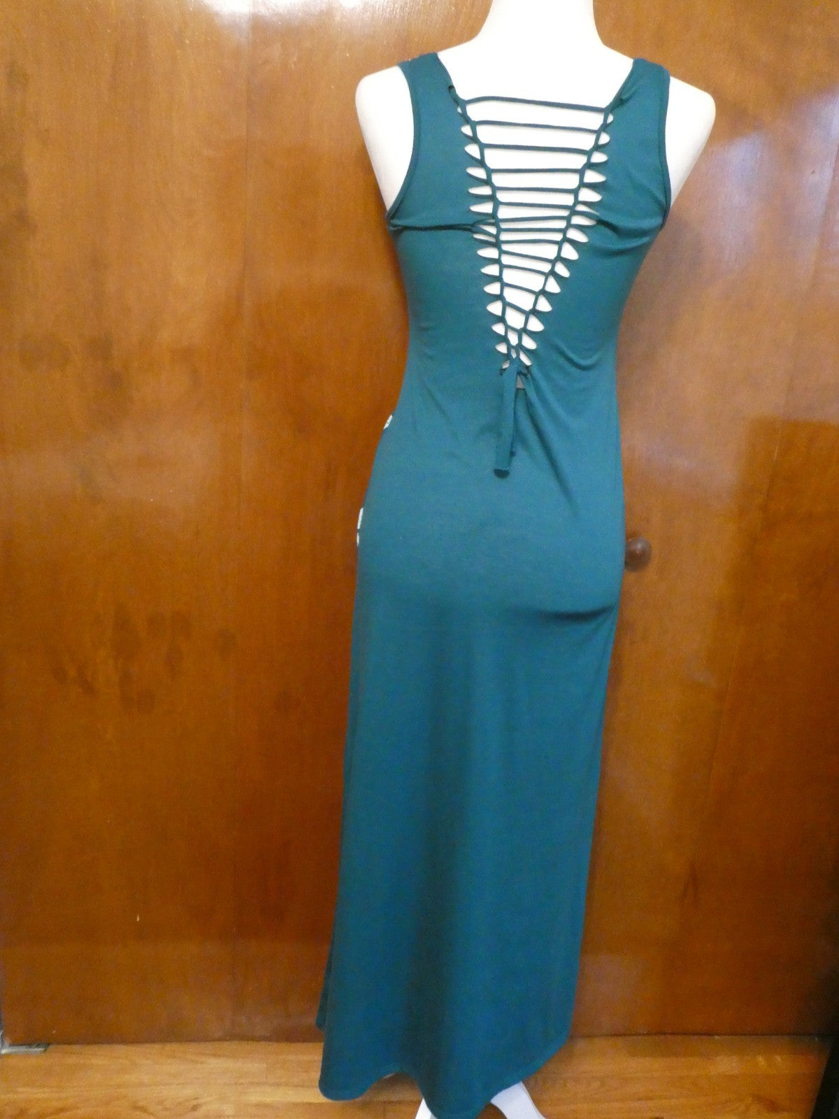 Material Girl Junior Small Maxi Dress Green White Geometric Print Lace Up Back