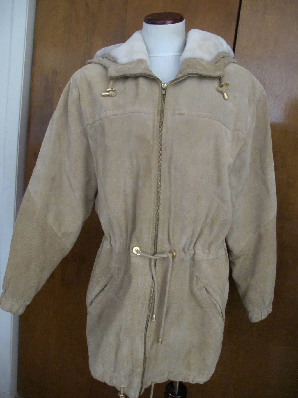 Women's Colebrook Beige Hooded Leather Winter Coat Medium