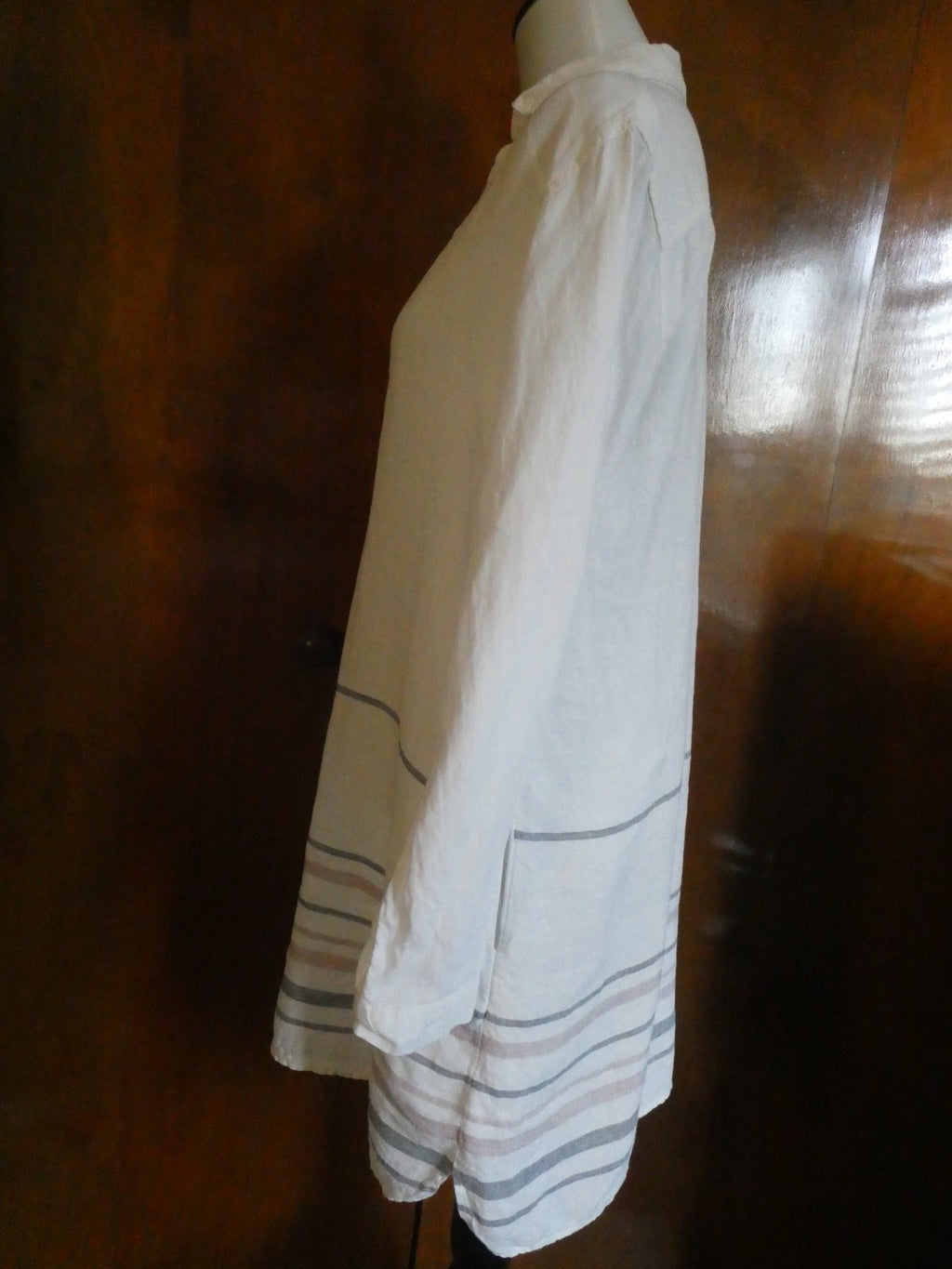 Tahari 100% Linen Striped Tunic Dress White Long Sleeve Pockets Size Medium