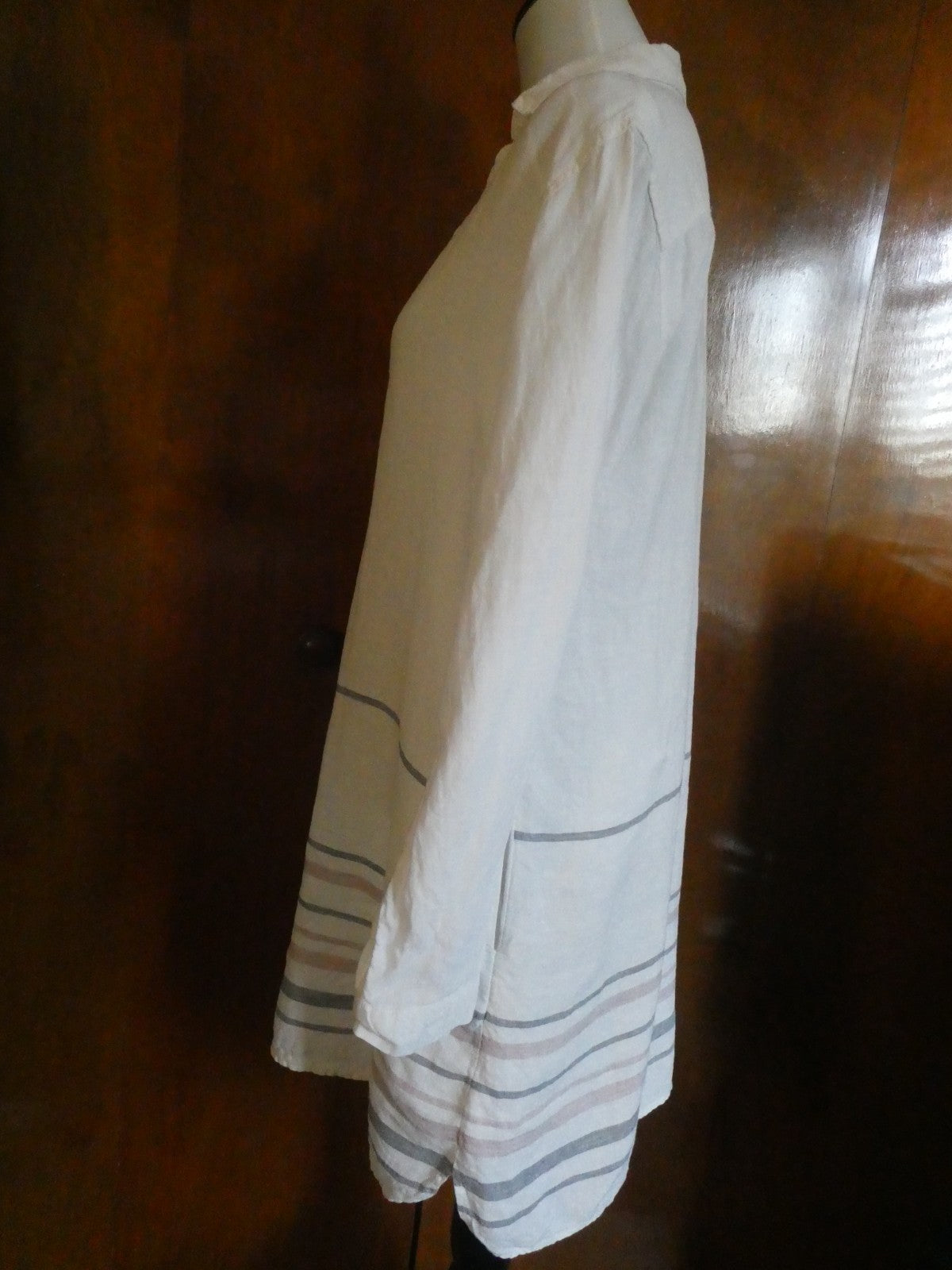 Tahari 100% Linen Striped Tunic Dress White Long Sleeve Pockets Size Medium