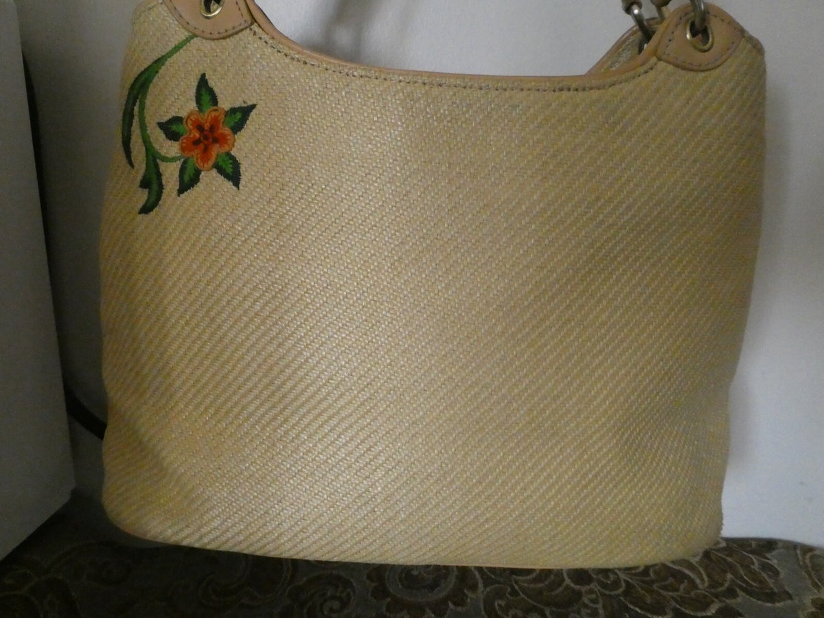 Cole Haan Embroidered Woven Straw Purse / Handbag with Gold Tone