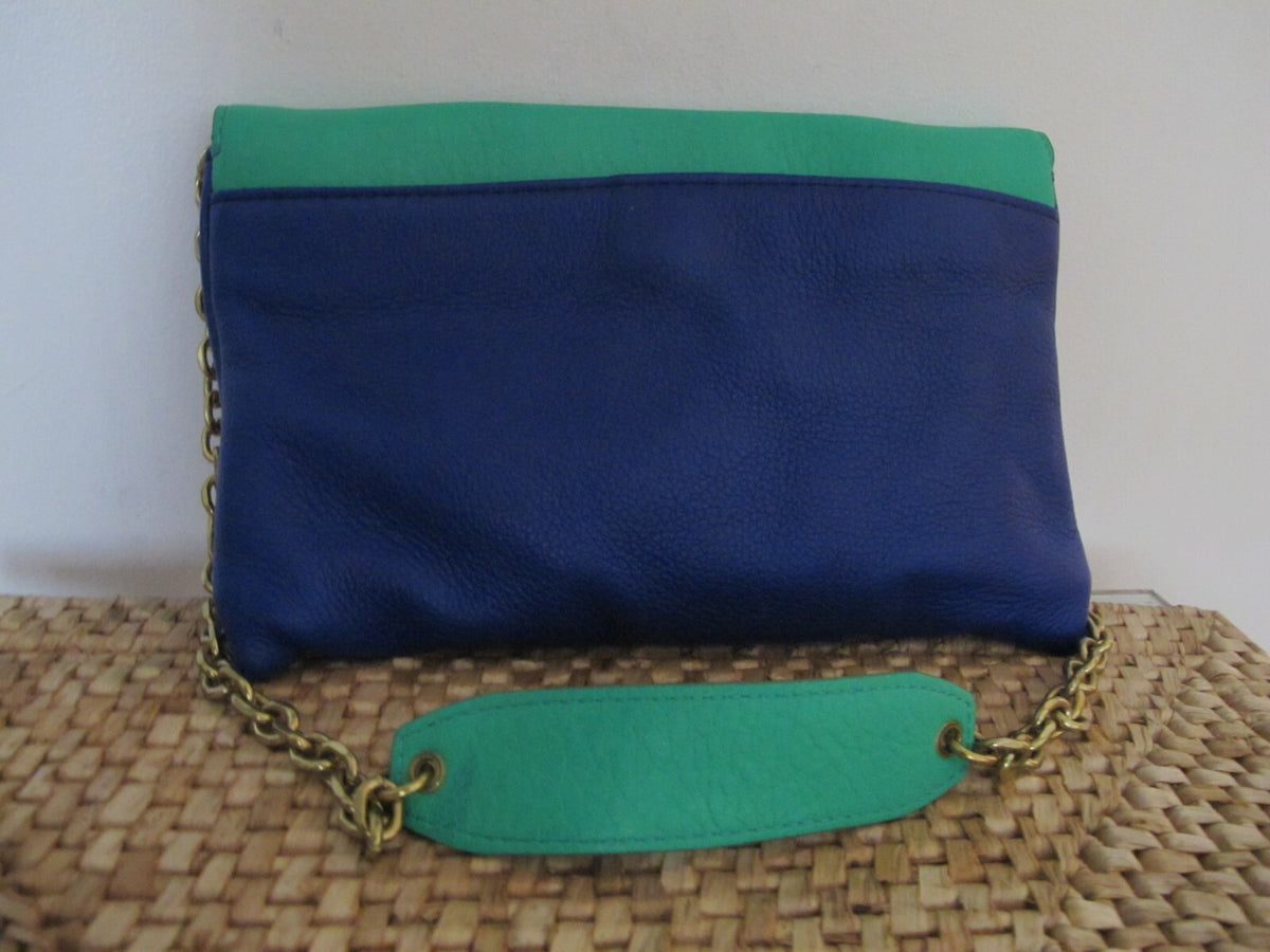 J CREW Women's Blue Green Pebbled Leather Shoulder Tote Bag Clutch Purse