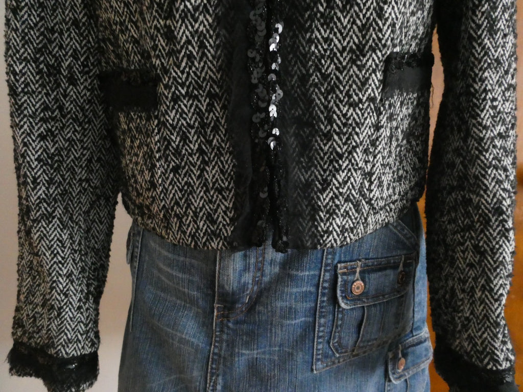 Sinequanone Women Black White Tweed & Sequin Wool Blend Lined Blazer Size Large