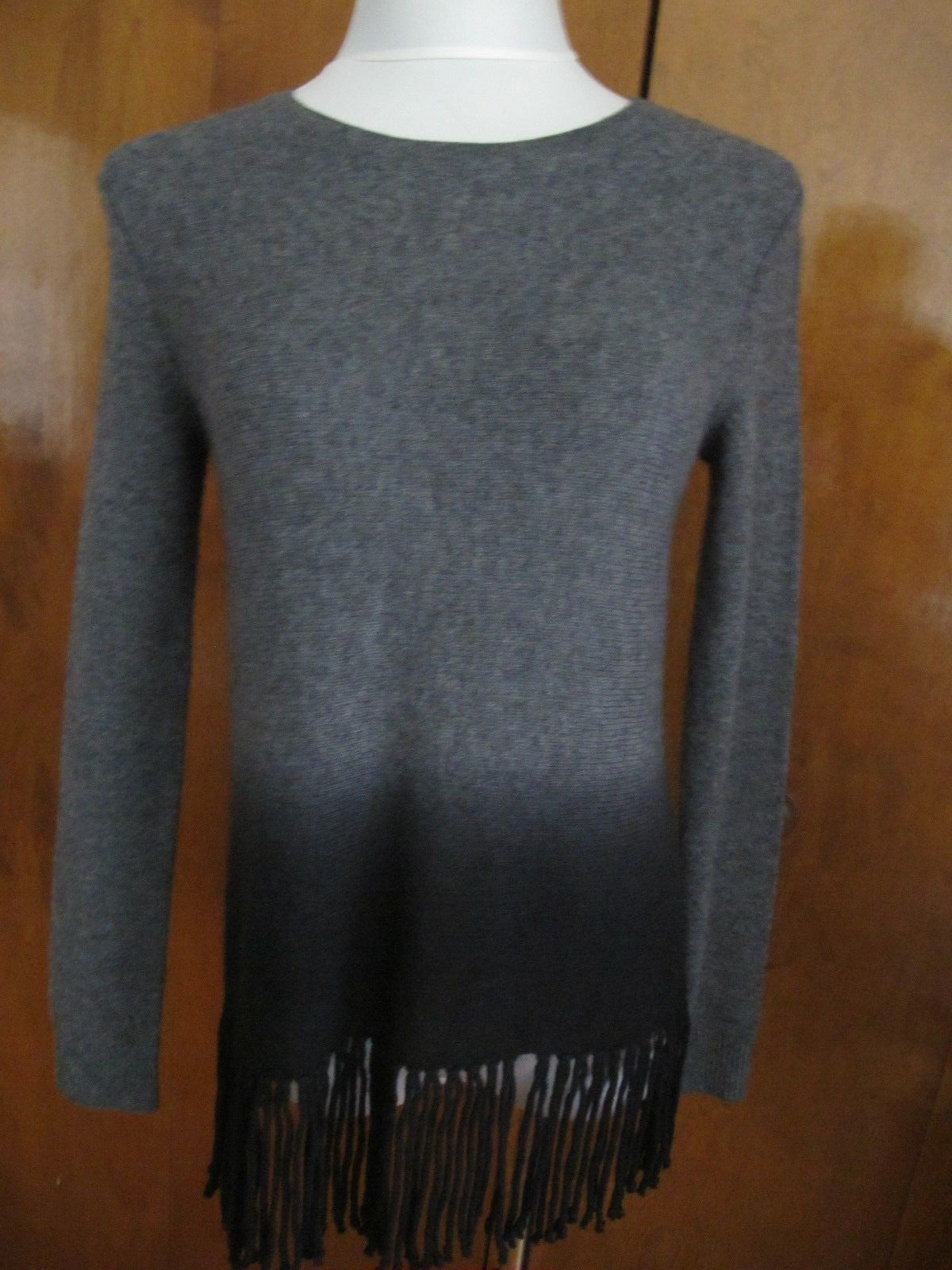 Aqua Women's Gray Black Cashmere Fringe Crewneck Pullover Small NWT