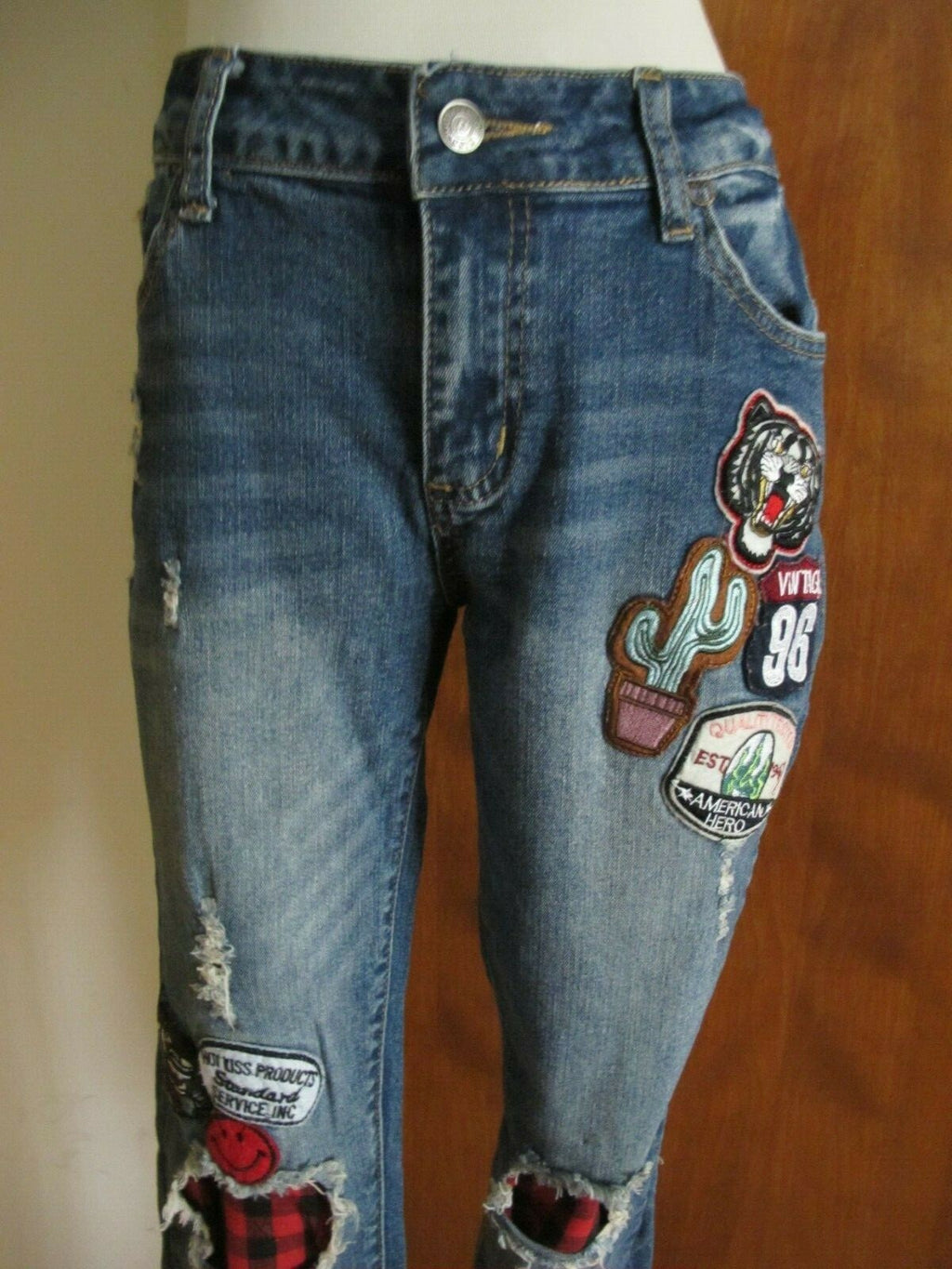 Hot Kiss Skinny Lily Juniors Distressed Patched Skinny Legging Jeans Sz 11 Blue