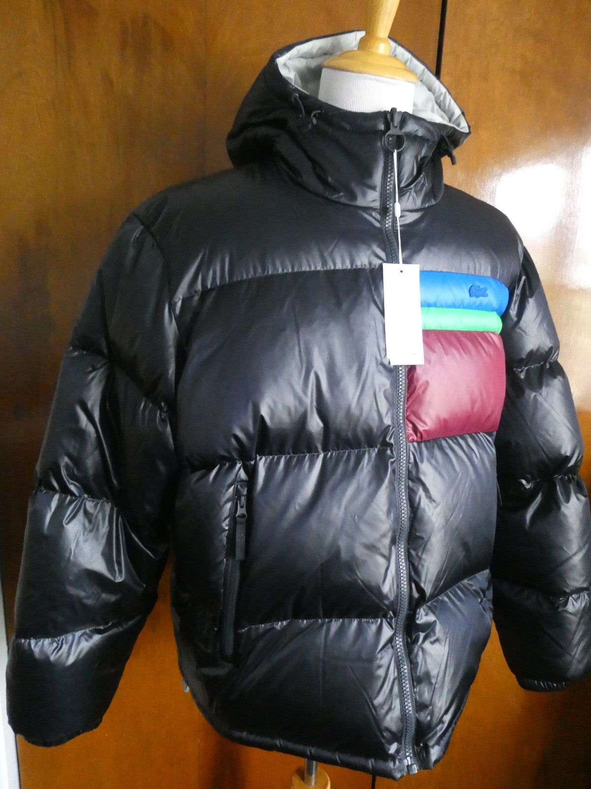 Lacoste Men’s Reversible Down Puffer Jacket XL 2XL Black Gray Hooded NWT $450
