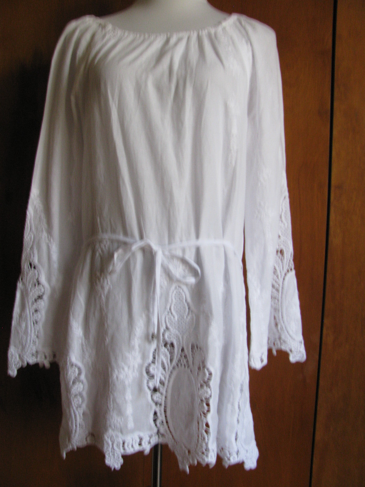 Michael Kors women's white embroidered cotton mini long sleeves dress New