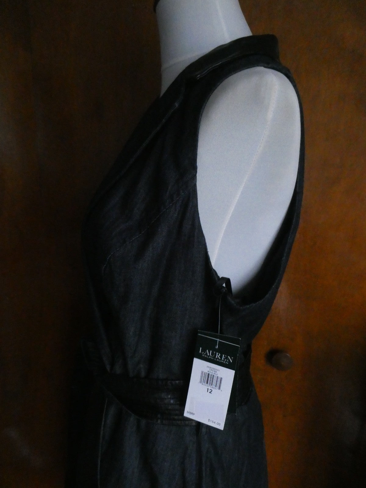 Lauren Ralph Lauren Dress Sz 12 Black Sleeveless Belted Leather Trim A-Line NWT