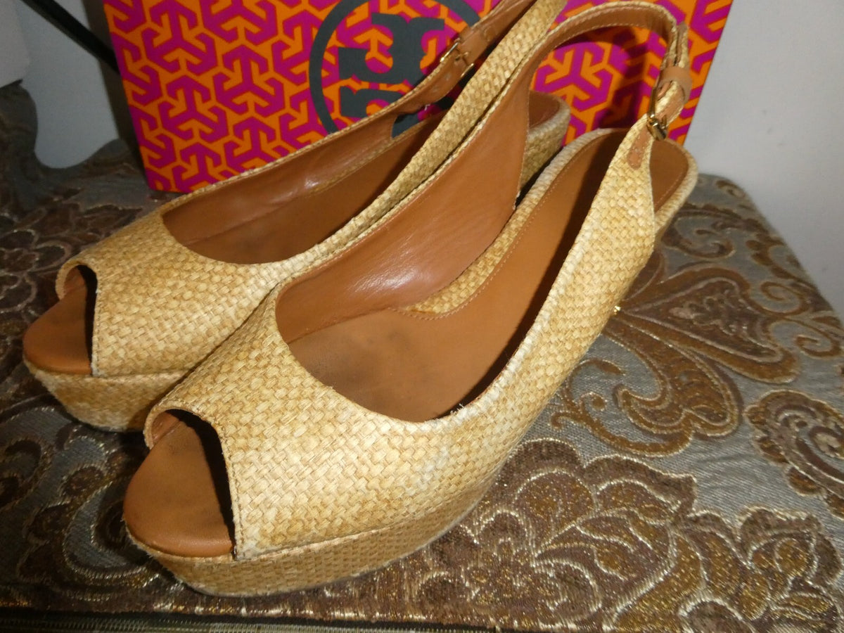 Tory Burch Textile Upper Leather Wedge Sandal Beige Size 7M