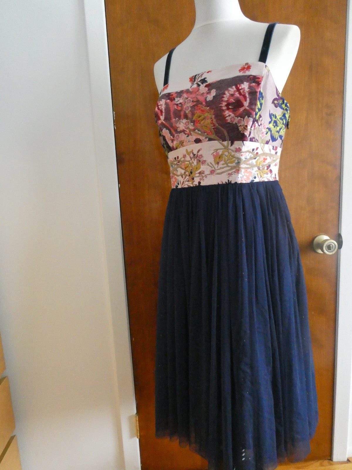 Anthropologie Moulinette Soeurs Navy Floral Tulle Evening Dress Prom Graduation