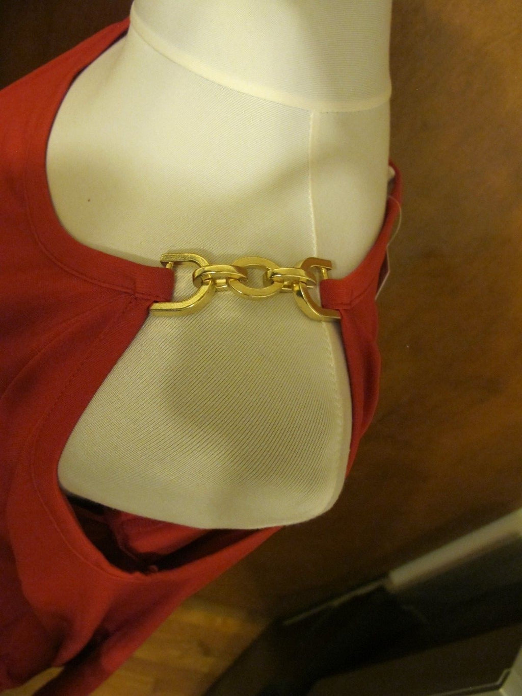 Michael Kors women’s red chain trim gold shoulder top New