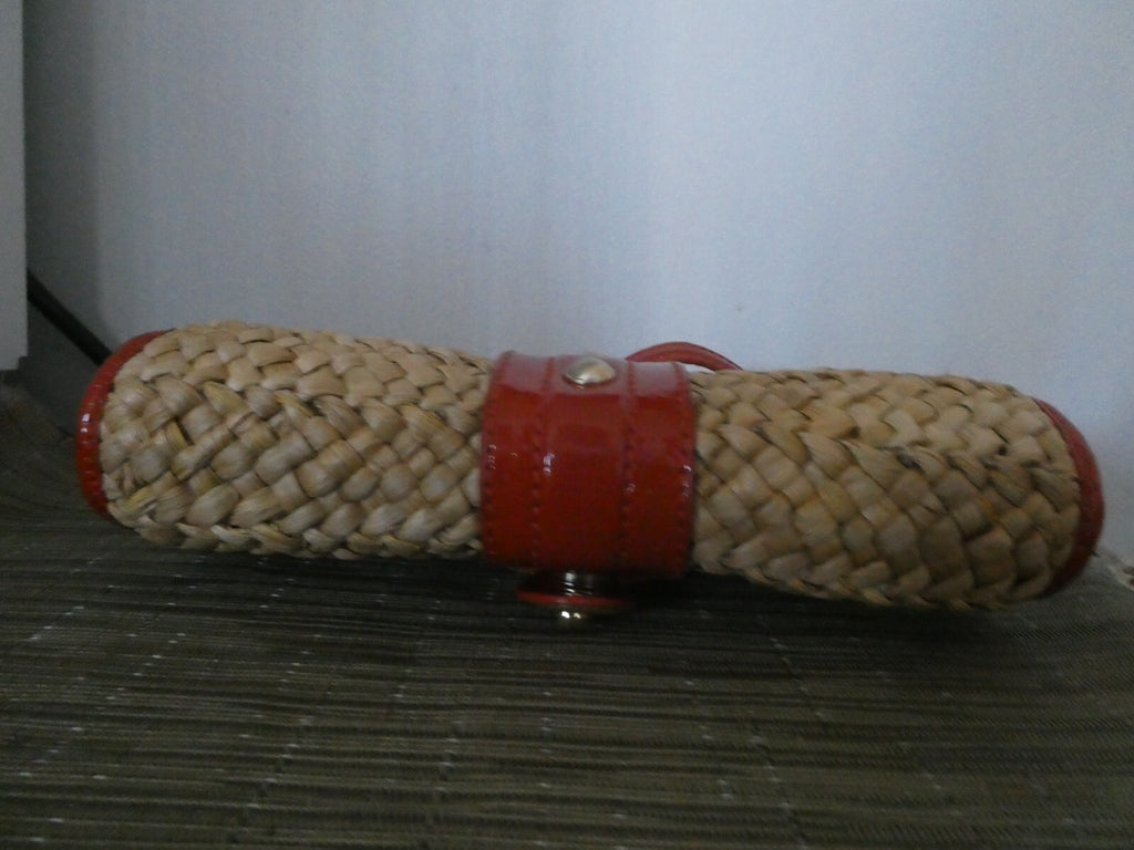 Michael Kors Woven Straw And Leather Chain Clutch Purse Walnut