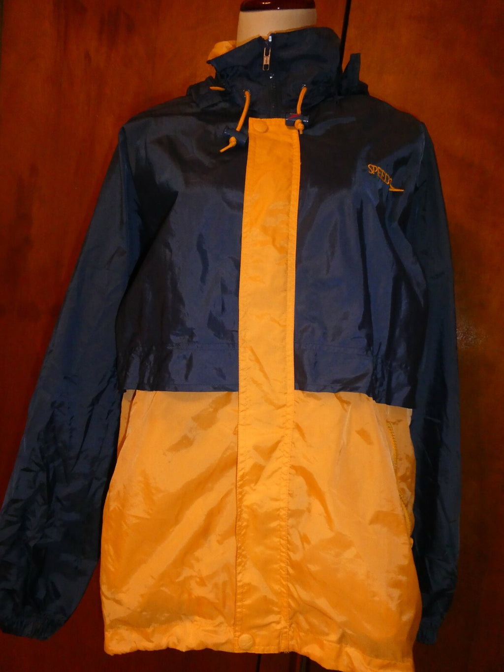 Speedo unisex blue/yellow nylon zip up packable rain jacket XS (fit S or M) 