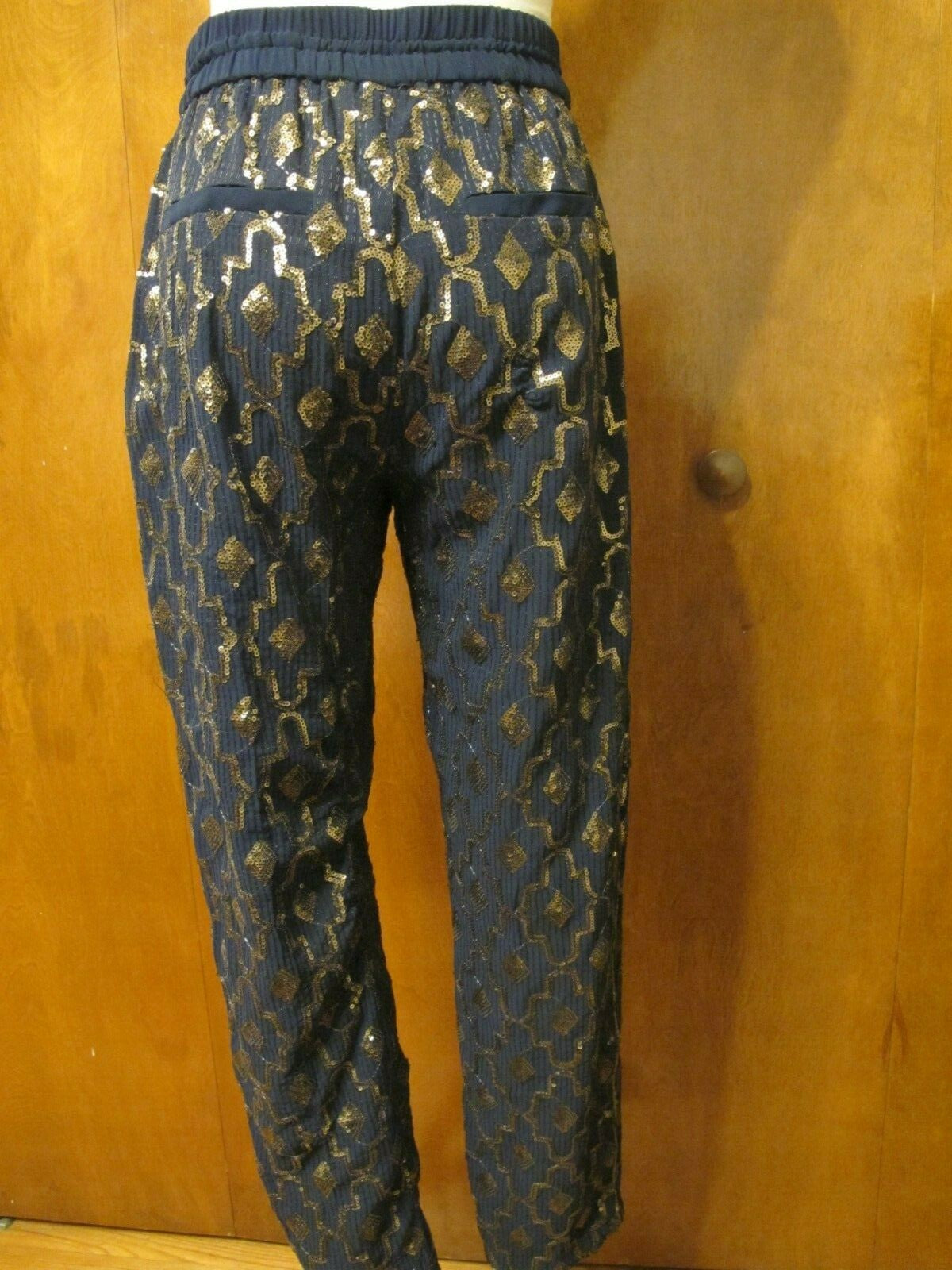 Anthropologie Women's Navy Marin Evening Gold Sequin Evening Lined Pants Small