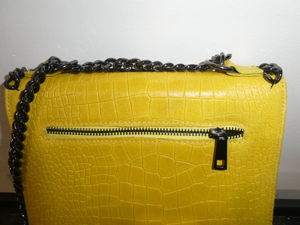 Italian Genuine Leather Chain Shoulder Crossbody Bag 9x7x 2 Mustard Yellow Italy