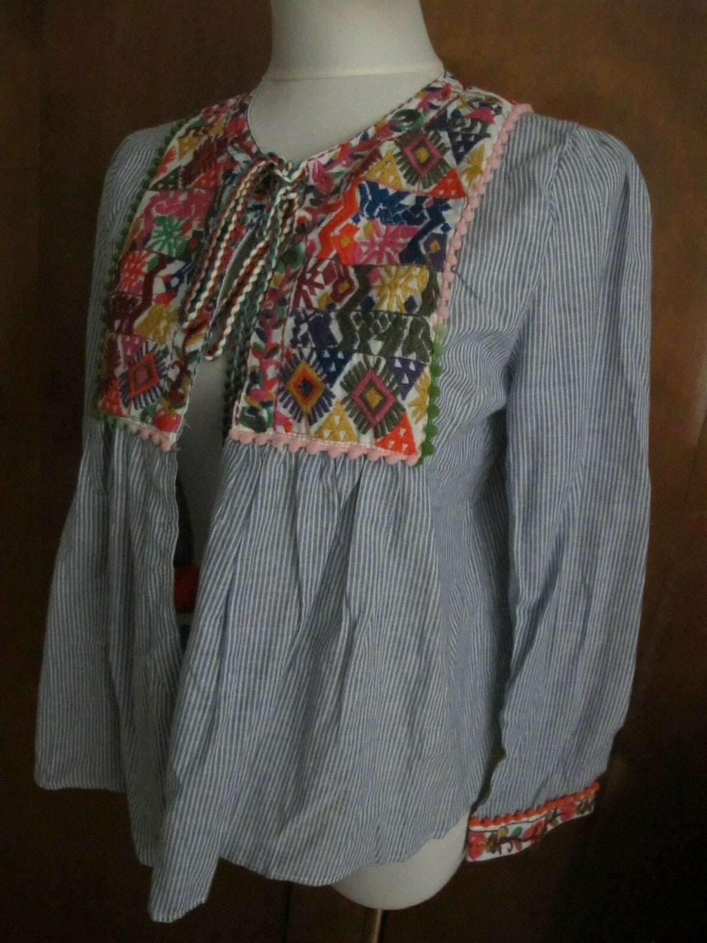 Cougar women's blue stripe combo cotton embroidered tunic top S/M