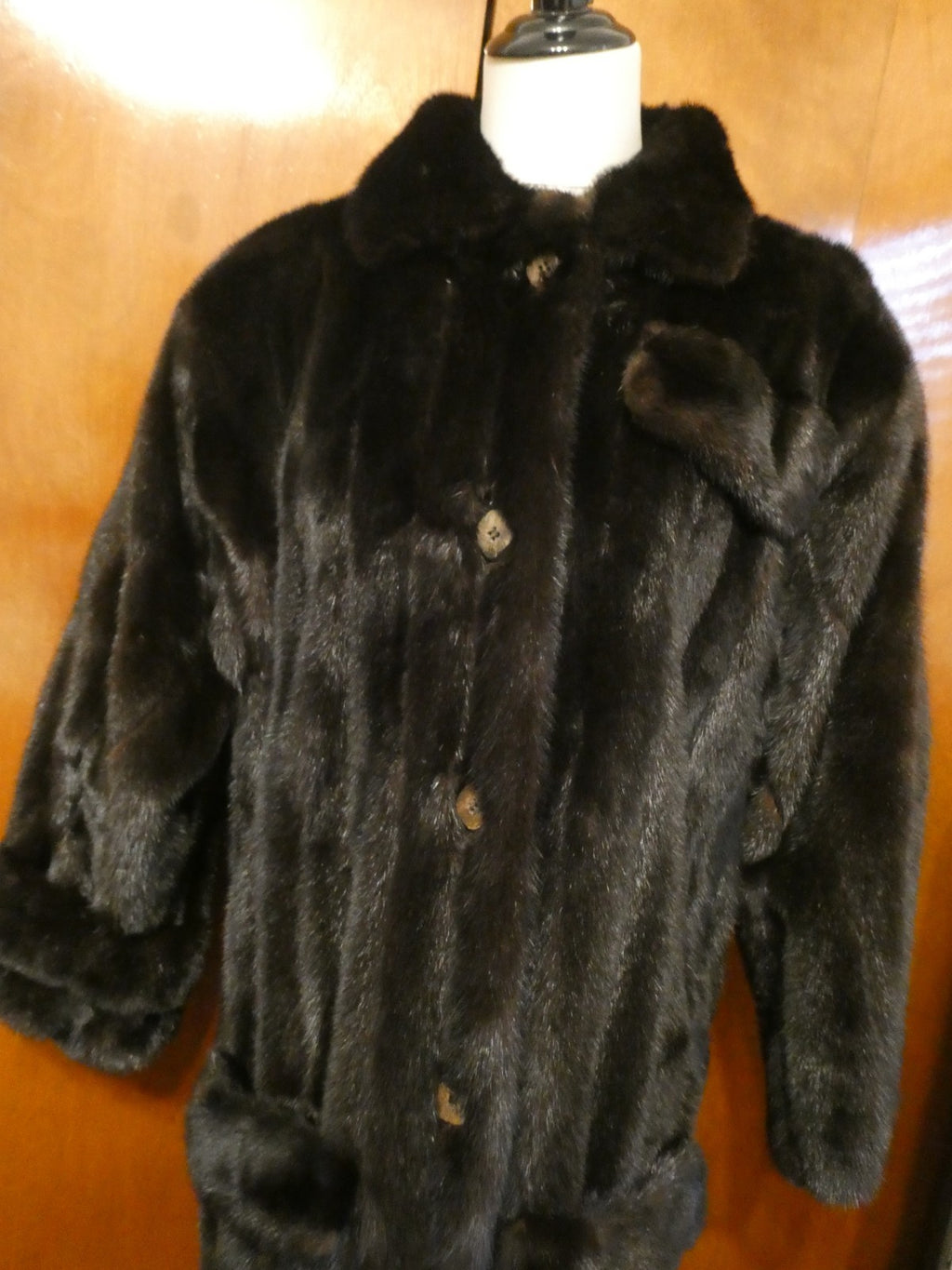 Genuine Mink Fur Coat Full Length Vintage Dark Brown Black Fur Collar Size 12